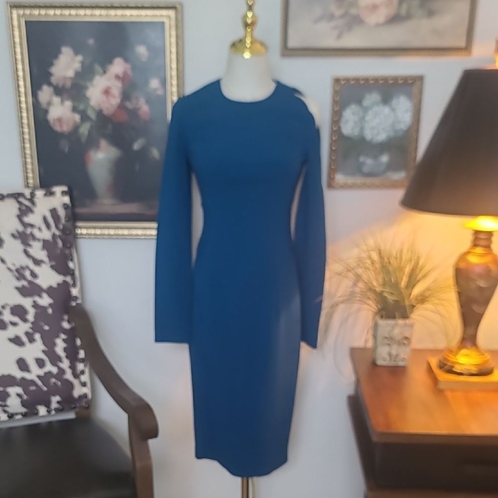Black Halo Teal-Blue Long Sleeve Sheath Dress